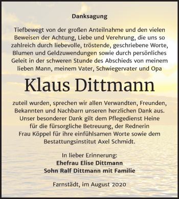 Traueranzeige von Klaus Dittmann von Wochenspiegel Merseburg/Querfurt