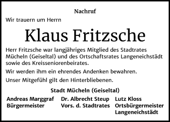 Traueranzeige von Klaus Fritzsche von Mitteldeutsche Zeitung Merseburg/Querfurt