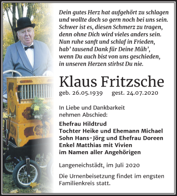 Traueranzeige von Klaus Fritzsche von Super Sonntag Merseburg/Querfurt