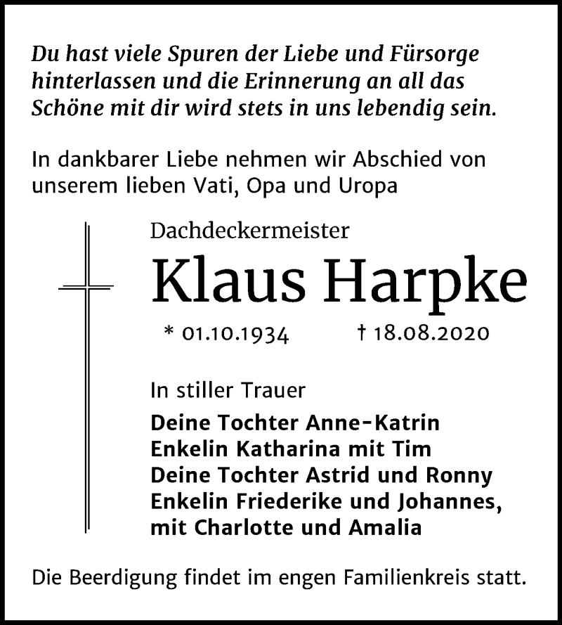  Traueranzeige für Klaus Harpke vom 22.08.2020 aus Mitteldeutsche Zeitung Wittenberg