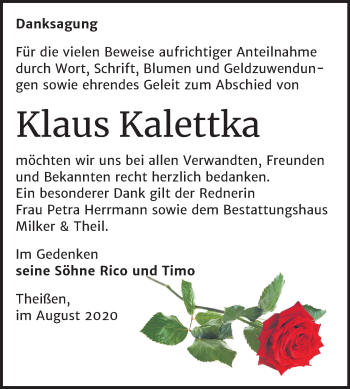 Traueranzeige von Klaus Kalettka von Super Sonntag Zeitz