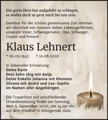 Traueranzeige von Klaus Lehnert von Super Sonntag Quedlinburg