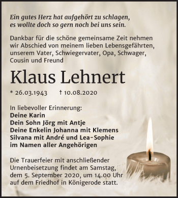 Traueranzeige von Klaus Lehnert von Mitteldeutsche Zeitung Quedlinburg