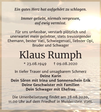 Traueranzeige von Klaus Rumph von Mitteldeutsche Zeitung Bitterfeld