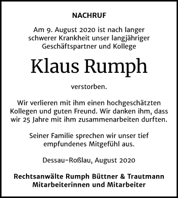Traueranzeige von Klaus Rumph von Mitteldeutsche Zeitung Bitterfeld / Dessau-Roßlau