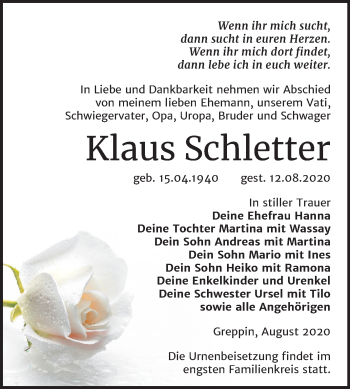 Traueranzeige von Klaus Schletter von Wochenspiegel Bitterfeld