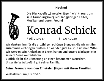 Traueranzeige von Konrad Schick von Super Sonntag Mansfelder Land