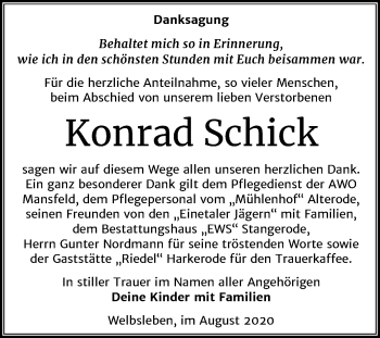Traueranzeige von Konrad Schick von Mitteldeutsche Zeitung Aschersleben / Mansfelder Land