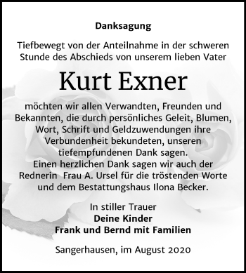 Traueranzeige von Kurt Exner von Super Sonntag Sangerhausen