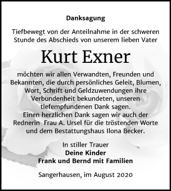 Traueranzeige von Kurt Exner von Mitteldeutsche Zeitung Sangerhausen