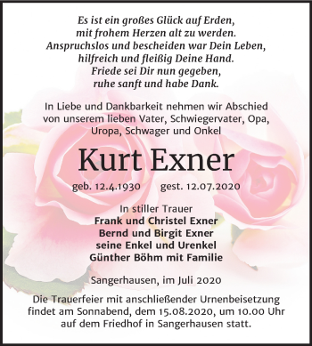 Traueranzeige von Kurt Exner von Super Sonntag Sangerhausen