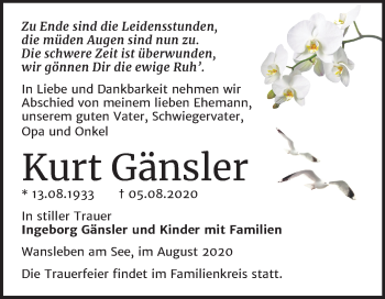 Traueranzeige von Kurt Gänsler von Mitteldeutsche Zeitung Mansfelder Land