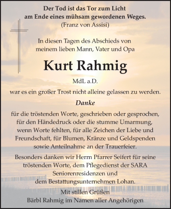 Traueranzeige von Kurt Rahmig von Wochenspiegel Bitterfeld