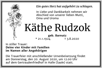 Traueranzeige von Käthe Rudzok von Mitteldeutsche Zeitung Merseburg/Querfurt