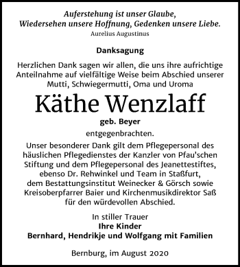 Traueranzeige von Käthe Wenzlaff von Super Sonntag Bernburg