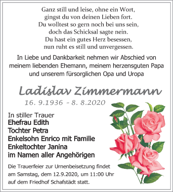 Traueranzeige von Ladislav Zimmermann von Wochenspiegel Merseburg/Querfurt