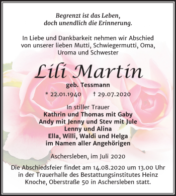 Traueranzeige von Lili Martin von Mitteldeutsche Zeitung Aschersleben