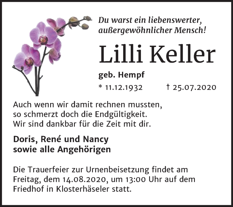  Traueranzeige für Lilli Keller vom 01.08.2020 aus Mitteldeutsche Zeitung Naumburg/Nebra