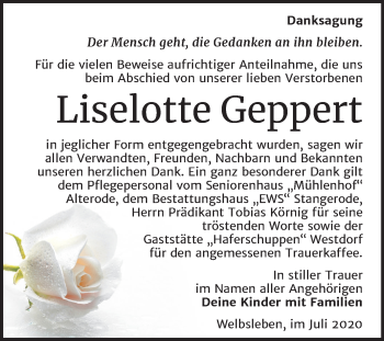 Traueranzeige von Liselotte Geppert von Mitteldeutsche Zeitung Mansfelder Land
