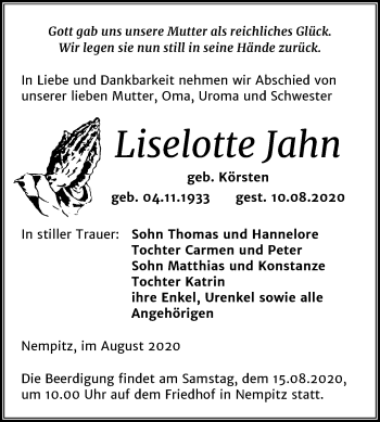 Traueranzeige von Liselotte Jahn von Mitteldeutsche Zeitung Merseburg/Querfurt