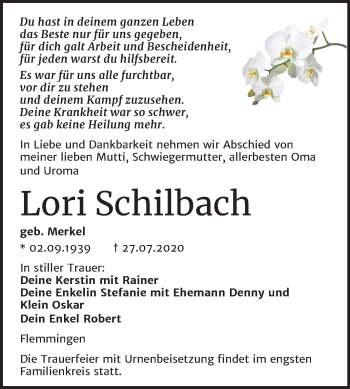 Traueranzeige von Lori Schilbach von Mitteldeutsche Zeitung Naumburg/Nebra