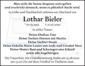 Traueranzeige von Lothar Bieler von Wochenspiegel Bitterfeld