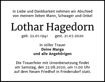 Traueranzeige von Lothar Hagedorn von Wochenspiegel Bitterfeld