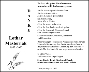 Traueranzeige von Lothar Masternak von Super Sonntag Aschersleben