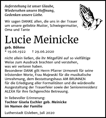 Traueranzeige von Lucie Meinicke von Super Sonntag Mansfelder Land