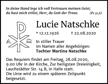 Traueranzeige von Lucie Natschke von Mitteldeutsche Zeitung Halle/Saalkreis