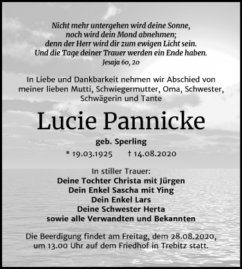 Traueranzeige von Lucie Pannicke von Mitteldeutsche Zeitung Wittenberg