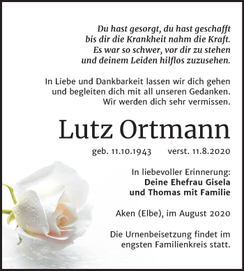 Traueranzeige von Lutz Ortmann von Mitteldeutsche Zeitung Köthen