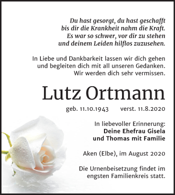 Traueranzeige von Lutz Ortmann von Super Sonntag Köthen