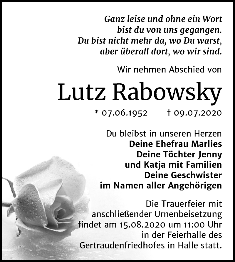  Traueranzeige für Lutz Rabowsky vom 05.08.2020 aus Mitteldeutsche Zeitung Halle/Saalkreis