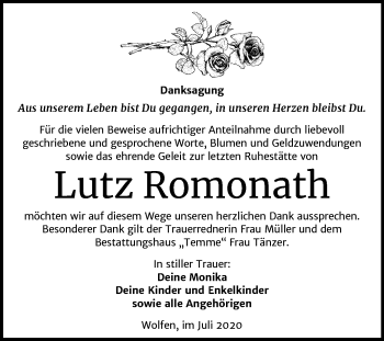 Traueranzeige von Lutz Romonath von Wochenspiegel Bitterfeld