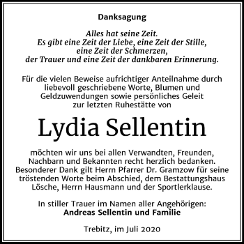 Traueranzeige von Lydia Sellentin von Mitteldeutsche Zeitung Wittenberg