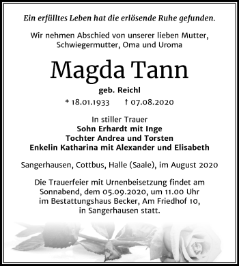 Traueranzeige von Magda Tann von Mitteldeutsche Zeitung Sangerhausen