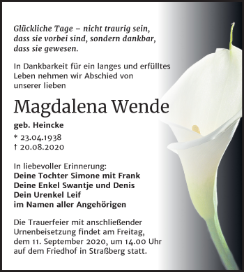 Traueranzeige von Magdalena Wende von Super Sonntag Quedlinburg
