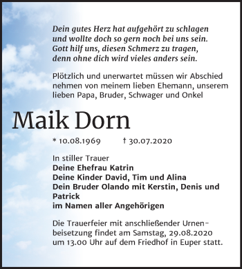 Traueranzeige von Maik Dorn von Super Sonntag Wittenberg
