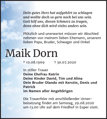 Traueranzeige von Maik Dorn von Mitteldeutsche Zeitung Wittenberg