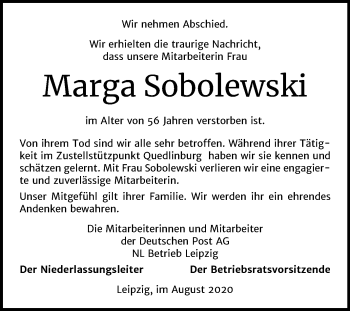 Traueranzeige von Mamrga Sobelewski von Super Sonntag Quedlinburg