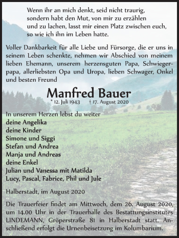 Traueranzeige von Manfred Bauer von Super Sonntag Quedlinburg