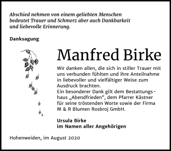 Traueranzeige von Manfred Birke von Mitteldeutsche Zeitung Merseburg/Querfurt
