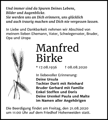 Traueranzeige von Manfred Birke von Super Sonntag Merseburg/Querfurt