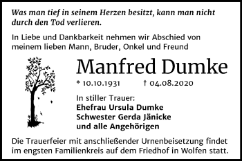 Traueranzeige von Manfred Dumke von Wochenspiegel Bitterfeld