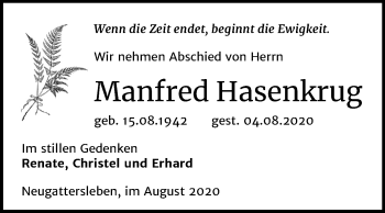 Traueranzeige von Manfred Hasenkrug von Mitteldeutsche Zeitung Bernburg