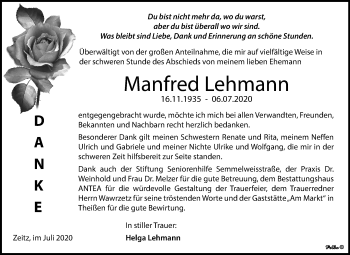Traueranzeige von Manfred Lehmann von Mitteldeutsche Zeitung Zeitz