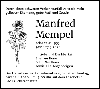 Traueranzeige von Manfred Mempel von Super Sonntag Merseburg/Querfurt
