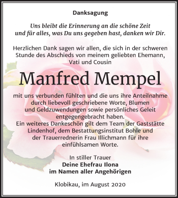 Traueranzeige von Manfred Mempel von Mitteldeutsche Zeitung Merseburg/Querfurt