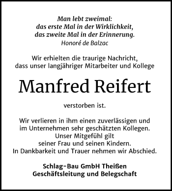 Traueranzeige von Manfred Reifert von Mitteldeutsche Zeitung Zeitz